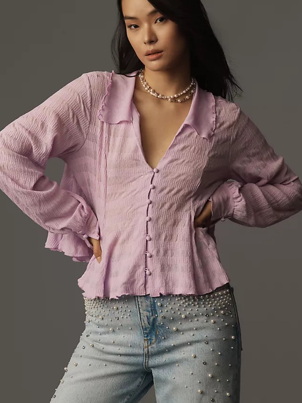 Anthropologie Long Sleeve Button Front Textured Blouse Size Small